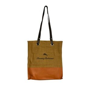 Tommy Bahama Tote Bag Shopper Brown Orange Woven‎ Straw Lined Marlin Spellout